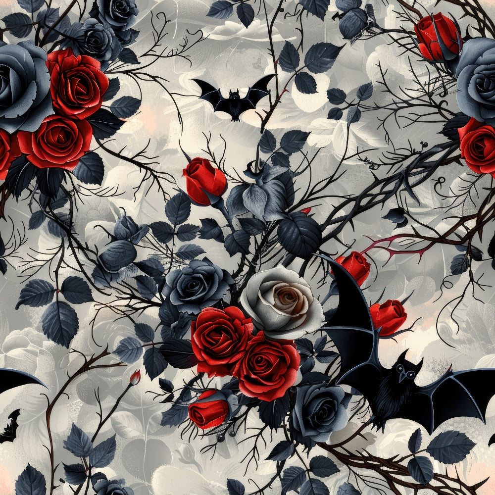 gothic pattern, red roses, black bats, dark blue roses, white roses, thorny vines, moody florals, halloween theme, dark romantic, spooky elegant,, fabric panel, crimson blooms, stormy sky, twisted branches, gothic romance, bat silhouettes, dramatic floral, eerie beauty, midnight garden