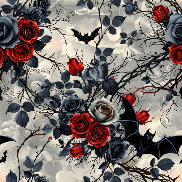 gothic pattern, red roses, black bats, dark blue roses, white roses, thorny vines, moody florals, halloween theme, dark romantic, spooky elegant,, fabric panel, crimson blooms, stormy sky, twisted branches, gothic romance, bat silhouettes, dramatic floral, eerie beauty, midnight garden