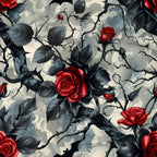 red roses, black thorns, dark gray leaves, gothic pattern, floral design, romantic motif, burgundy blooms, charcoal foliage, thorny vines, moody atmosphere,, fabric panel, deep red, slate gray, botanical print, dramatic florals, rose petals, thorn branches, gothic romance, dark floral