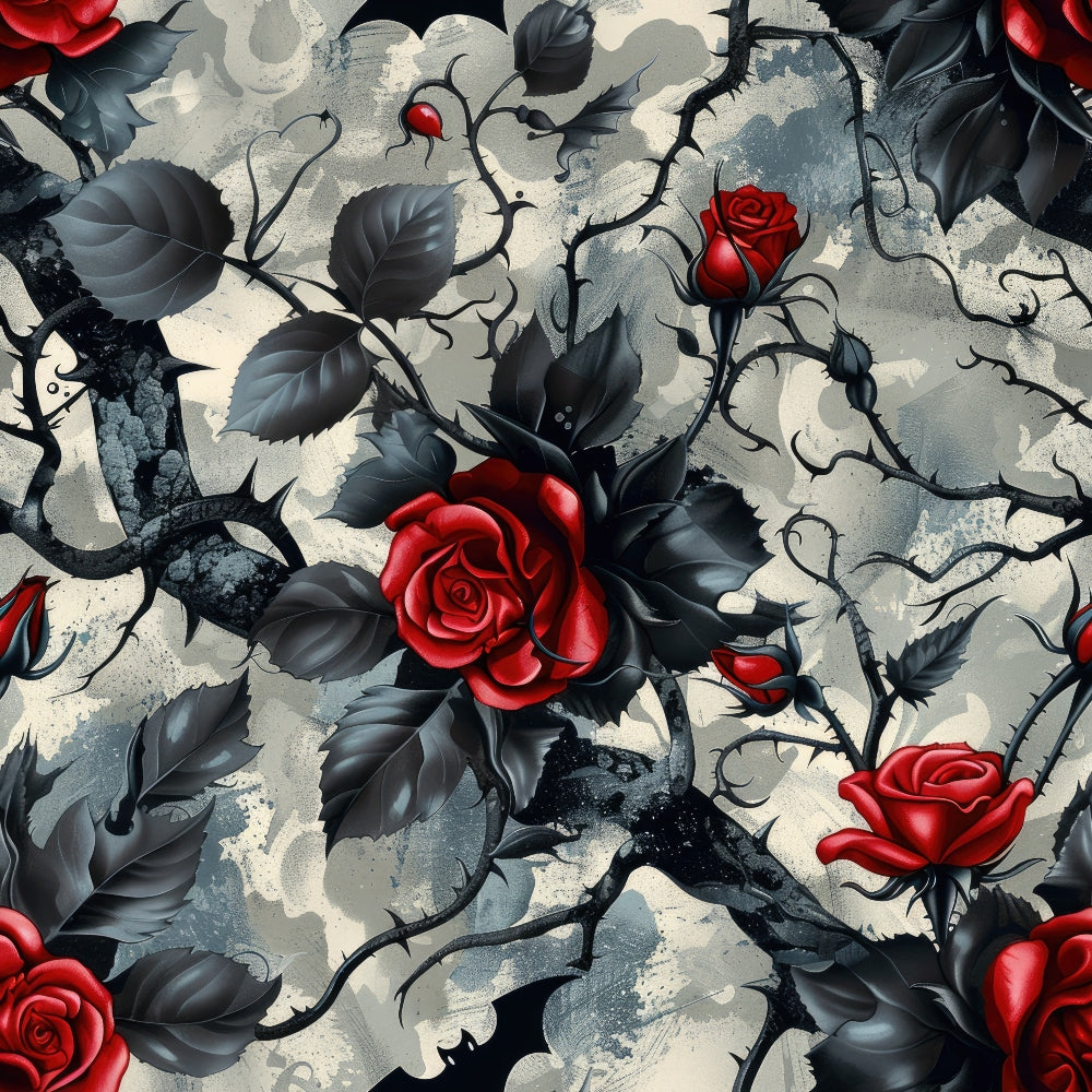 red roses, black thorns, dark gray leaves, gothic pattern, floral design, romantic motif, burgundy blooms, charcoal foliage, thorny vines, moody atmosphere,, fabric panel, deep red, slate gray, botanical print, dramatic florals, rose petals, thorn branches, gothic romance, dark floral