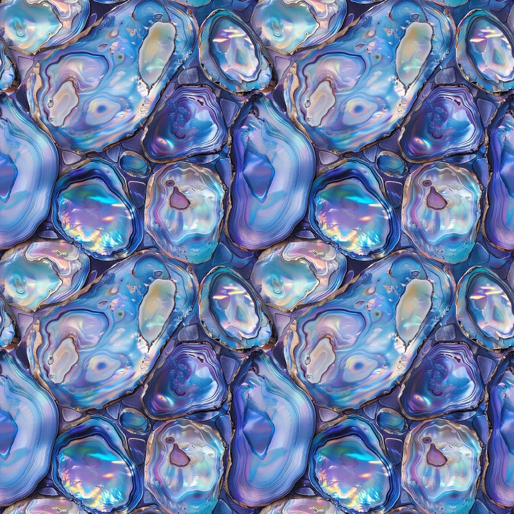 abalone shells, iridescent blue, purple hues, turquoise, pearl shimmer, ocean theme, seashell pattern, marine life, lustrous surface,, fabric panel, seamless repeat, nautical design, underwater motif, holographic effect, jewel tones, natural texture, coastal inspired, sea treasures, mother of pearl