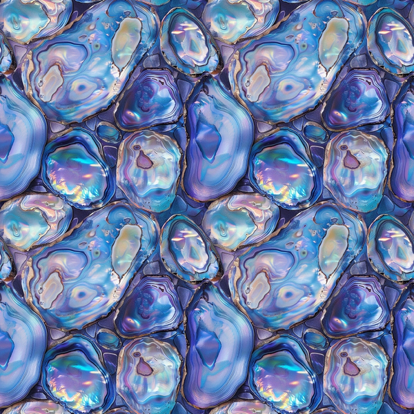abalone shells, iridescent blue, purple hues, turquoise, pearl shimmer, ocean theme, seashell pattern, marine life, lustrous surface,, fabric panel, seamless repeat, nautical design, underwater motif, holographic effect, jewel tones, natural texture, coastal inspired, sea treasures, mother of pearl