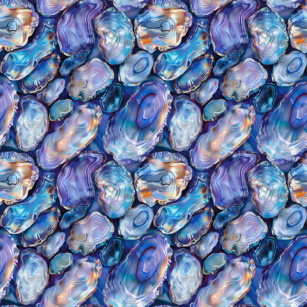 abalones, seashells, ocean, marine life, iridescent, blue, purple, teal, coral, orange, pearlescent, shimmery, geological, natural patterns, seamless repeat,, fabric panel, underwater, sea creatures, lustrous surface, crystalline formations