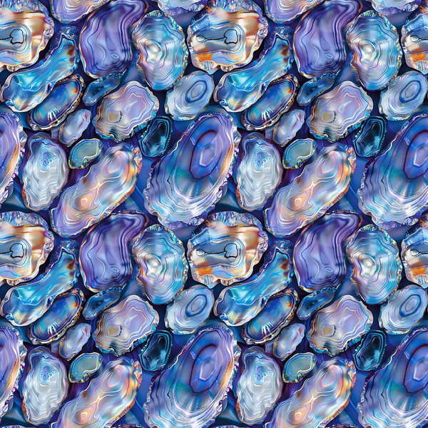 abalones, seashells, ocean, marine life, iridescent, blue, purple, teal, coral, orange, pearlescent, shimmery, geological, natural patterns, seamless repeat,, fabric panel, underwater, sea creatures, lustrous surface, crystalline formations