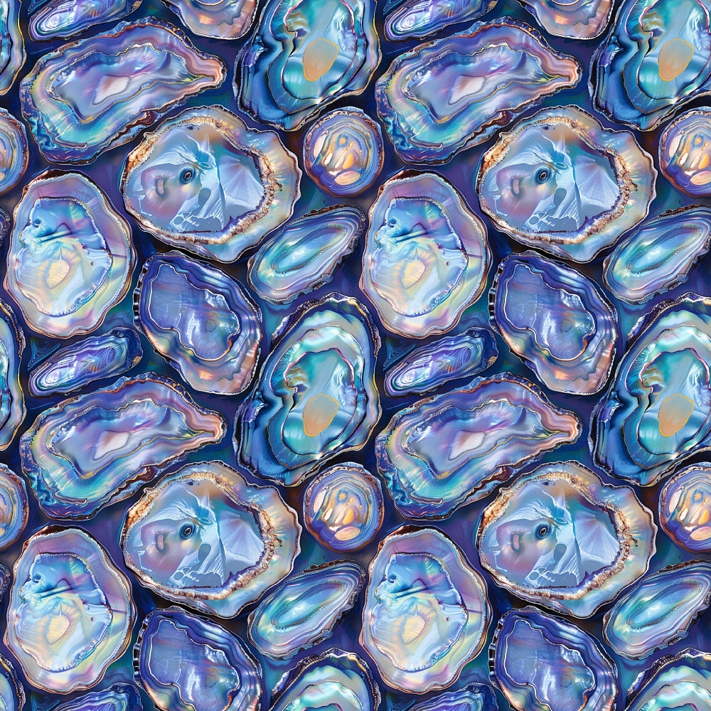abalones, seashells, ocean creatures, marine life, iridescent blue, purple hues, teal accents, mother of pearl, shimmery surface, repeating pattern, nautical theme, sea life design,, fabric panel, lustrous finish, coastal motif, shell collection, aquatic pattern, blue dominant, nature inspired