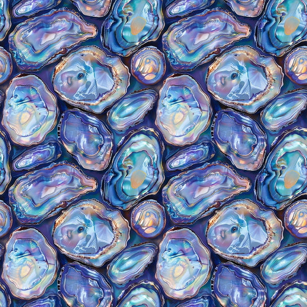 abalones, seashells, ocean creatures, marine life, iridescent blue, purple hues, teal accents, mother of pearl, shimmery surface, repeating pattern, nautical theme, sea life design,, fabric panel, lustrous finish, coastal motif, shell collection, aquatic pattern, blue dominant, nature inspired