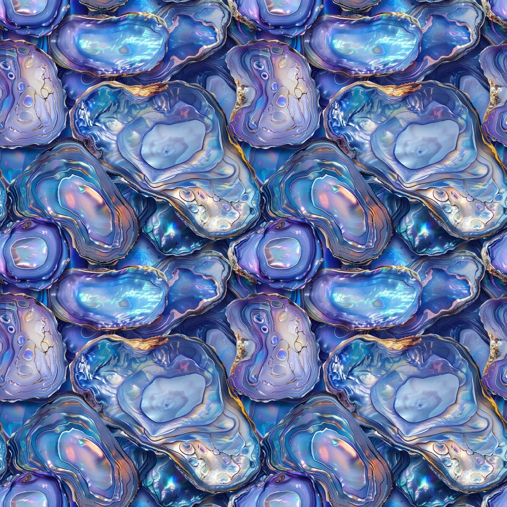 abalone shells, iridescent blue, purple hues, turquoise tones, pearl white, metallic gold, seamless pattern, ocean theme, marine life, shell texture, lustrous surface,, fabric panel, natural forms, organic shapes, shimmery finish, sea creatures, coastal design, repeating motif, jewel tones