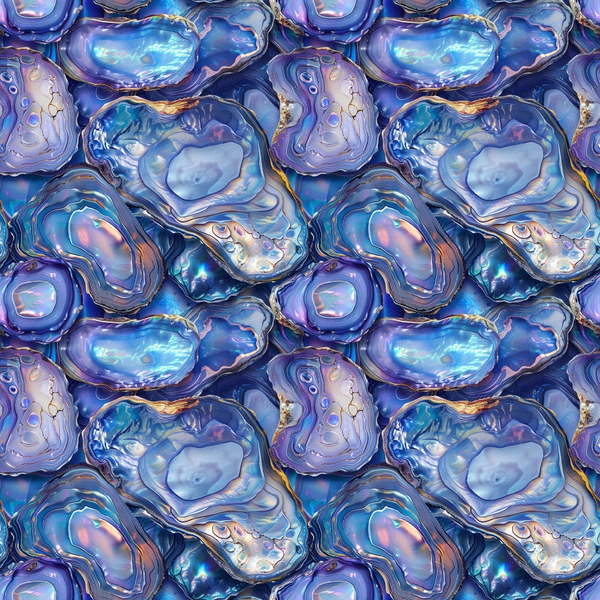 abalone shells, iridescent blue, purple hues, turquoise tones, pearl white, metallic gold, seamless pattern, ocean theme, marine life, shell texture, lustrous surface,, fabric panel, natural forms, organic shapes, shimmery finish, sea creatures, coastal design, repeating motif, jewel tones