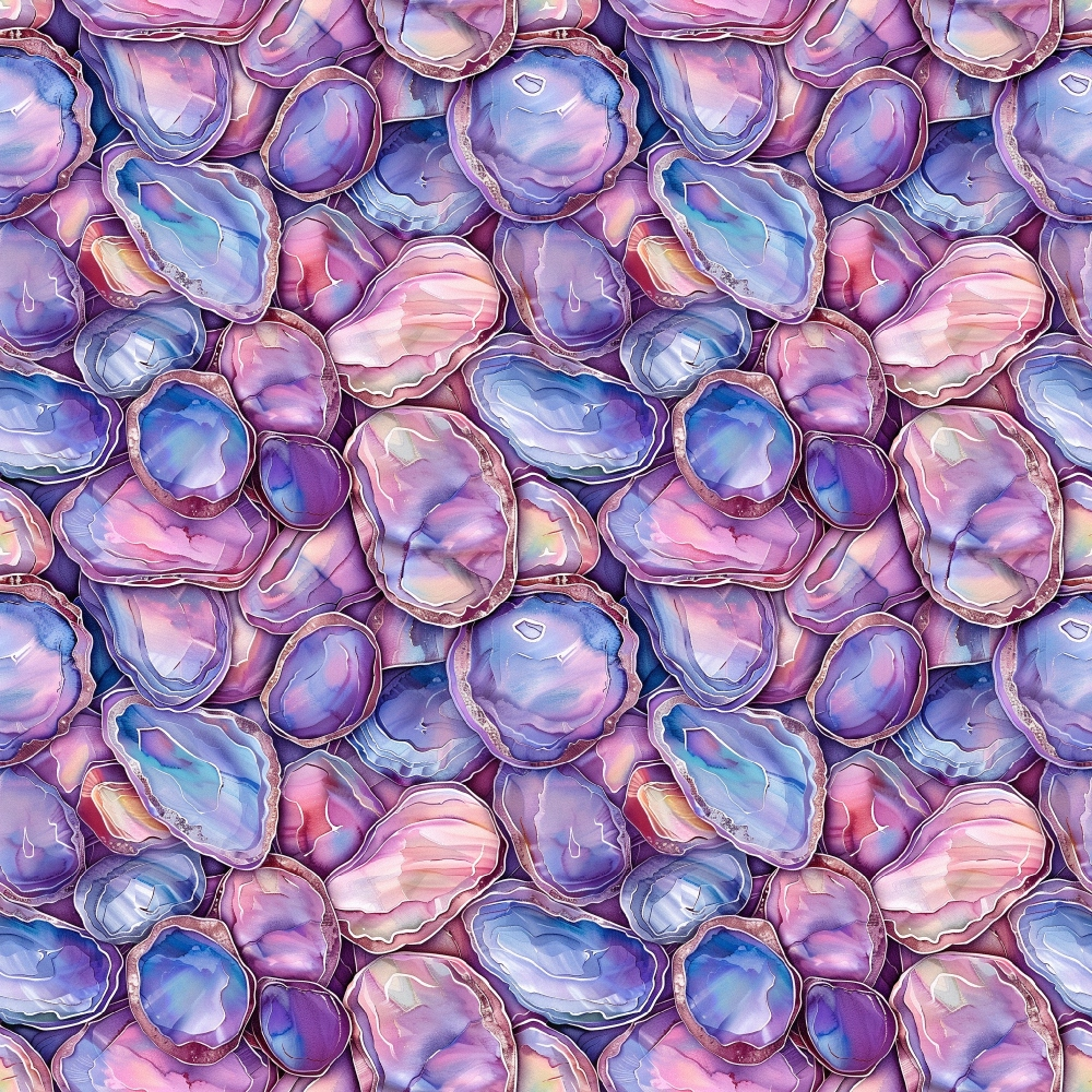 abalone shells, seashells, ocean theme, marine life, purple hues, pink tones, blue shades, iridescent colors, pastel palette, watercolor style, seamless pattern,, fabric panel, nautical design, coastal theme, shell collection, organic shapes, dreamy aesthetic, soft textures, repeating motif