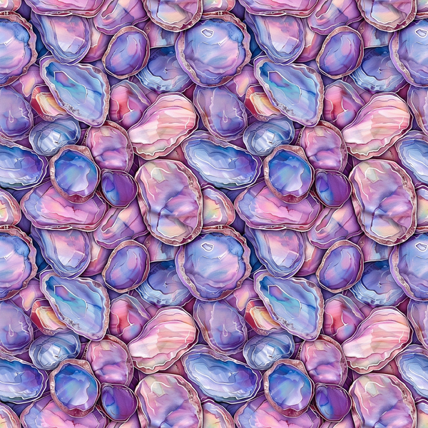 abalone shells, seashells, ocean theme, marine life, purple hues, pink tones, blue shades, iridescent colors, pastel palette, watercolor style, seamless pattern,, fabric panel, nautical design, coastal theme, shell collection, organic shapes, dreamy aesthetic, soft textures, repeating motif