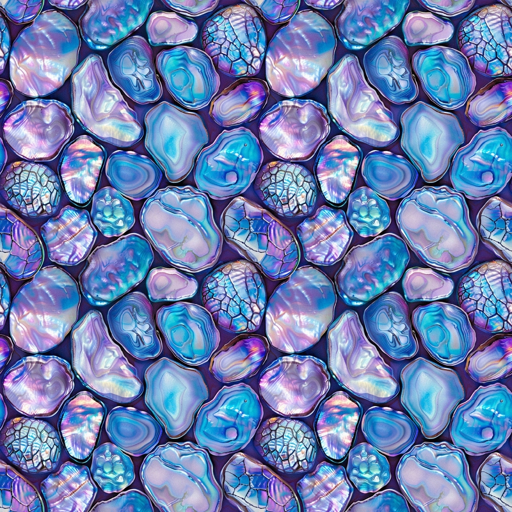 abalone shells, iridescent, holographic, blue tones, purple hues, turquoise, lavender, pearl-like, sea shells, ocean themed, marine life, shimmery, lustrous, repeating pattern, seamless design,, fabric panel, nautical, beach theme, metallic sheen