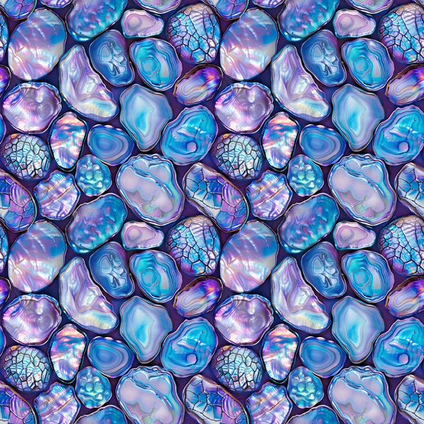 abalone shells, iridescent, holographic, blue tones, purple hues, turquoise, lavender, pearl-like, sea shells, ocean themed, marine life, shimmery, lustrous, repeating pattern, seamless design,, fabric panel, nautical, beach theme, metallic sheen