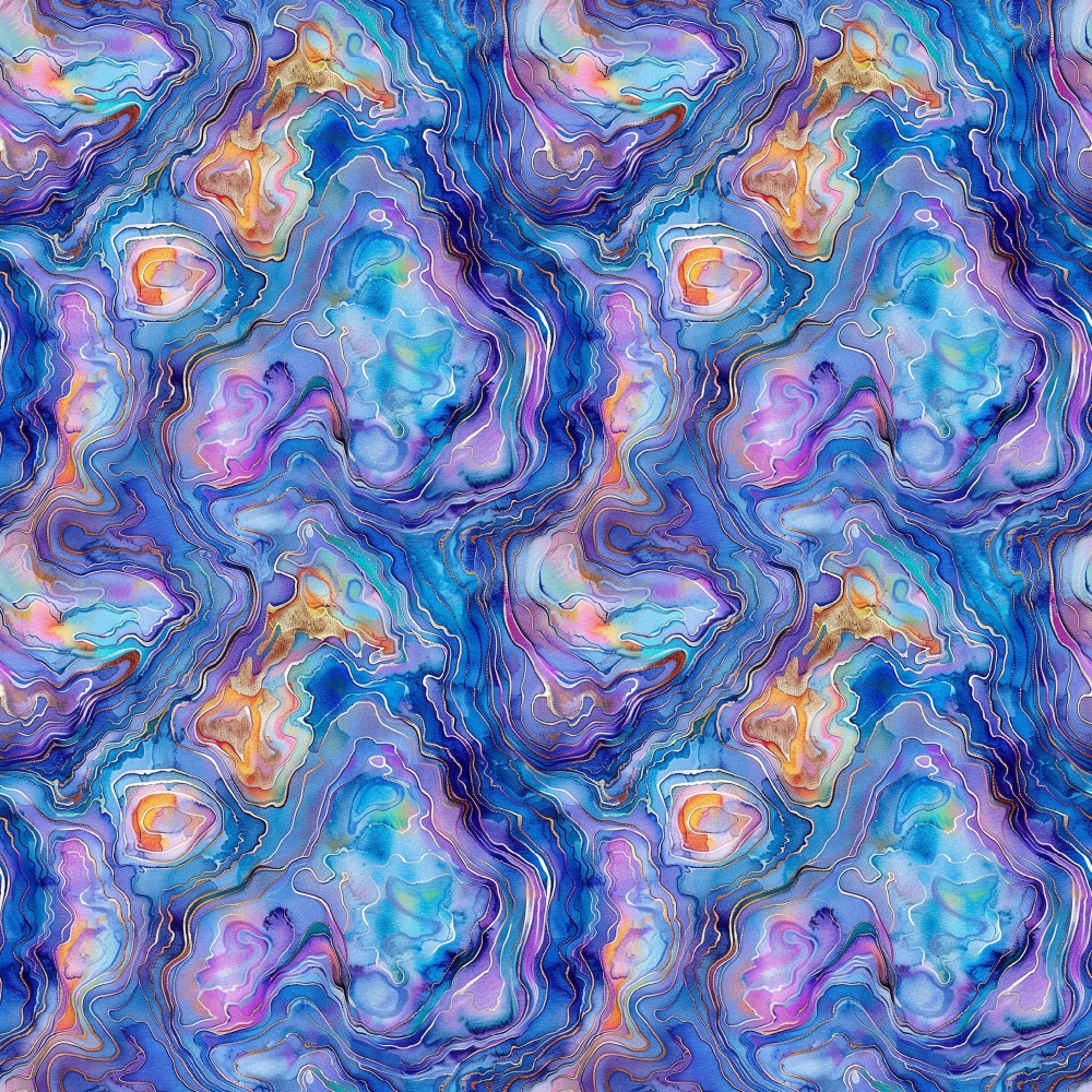 abalone shells, iridescent pattern, blue tones, purple hues, pink accents, orange highlights, flowing lines, organic shapes, marbled effect, sea creatures, ocean inspired, swirling design, translucent appearance, nautical theme,, fabric panel, watercolor style, abstract pattern, pearlescent finish, marine life