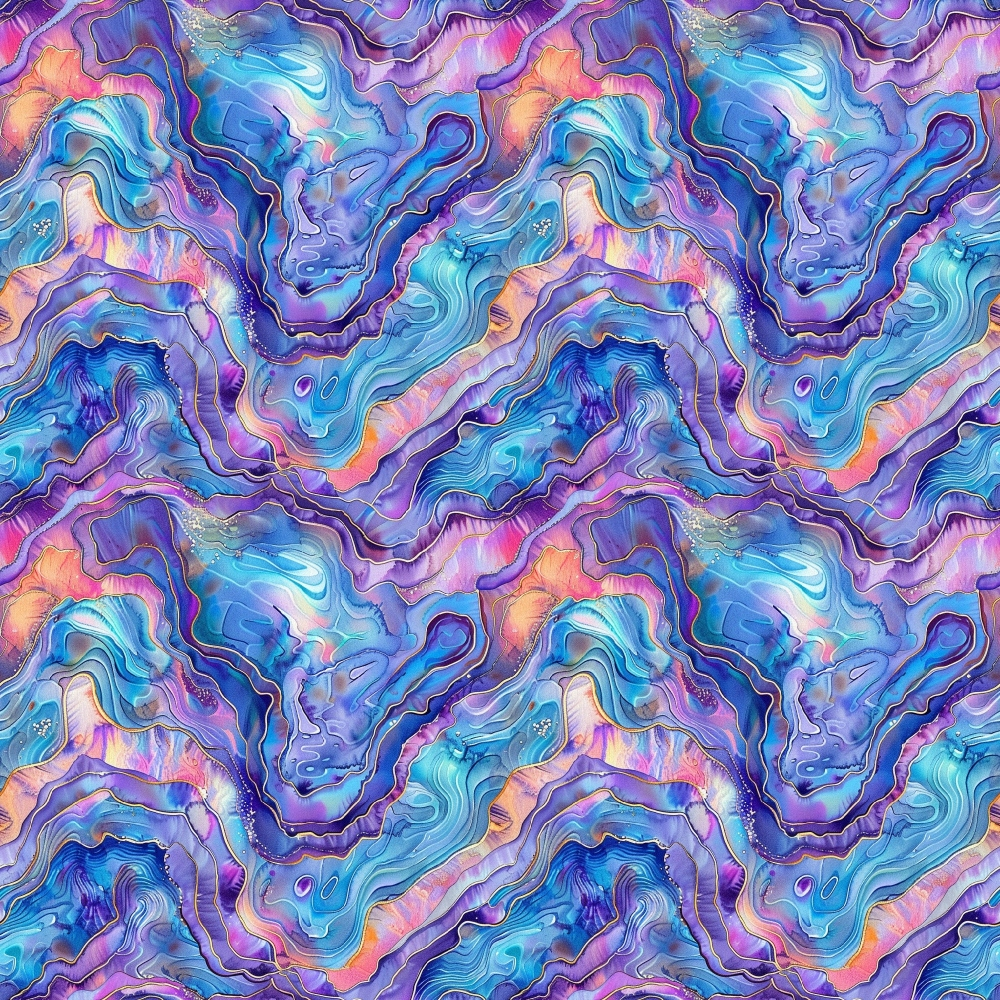 abalone shells, ocean pattern, iridescent colors, purple hues, blue tones, pink accents, turquoise shades, coral colors, flowing design, organic shapes, sea life, marine theme, swirling pattern, pearlescent effect,, fabric panel, seamless repeat, aquatic motif, fluid lines, holographic appearance