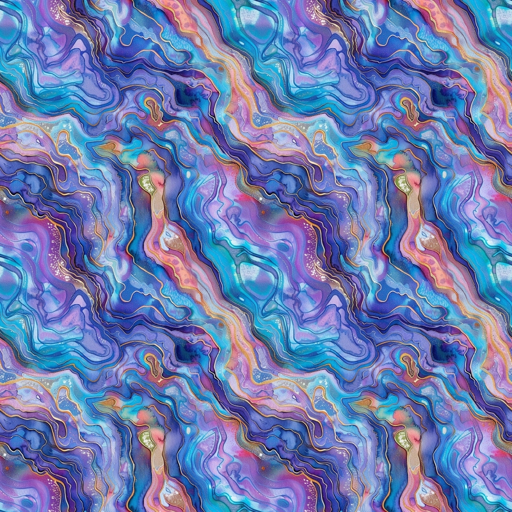abalones, seashells, marine life, ocean waves, fluid patterns, iridescent, purple, blue, turquoise, pink, coral, gold accents, swirling design, abstract waves,, fabric panel, oceanic theme, flowing lines, pearlescent, sea creatures
