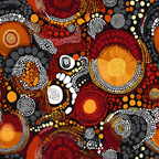 aboriginal art, dot painting, circular patterns, concentric circles, red, orange, yellow, white, black, gray, earth tones, geometric design, indigenous style, spiritual motifs, dreamtime art,, fabric panel, pointillism style, radial patterns, warm colors
