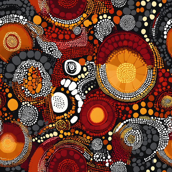 aboriginal art, dot painting, circular patterns, concentric circles, red, orange, yellow, white, black, gray, earth tones, geometric design, indigenous style, spiritual motifs, dreamtime art,, fabric panel, pointillism style, radial patterns, warm colors