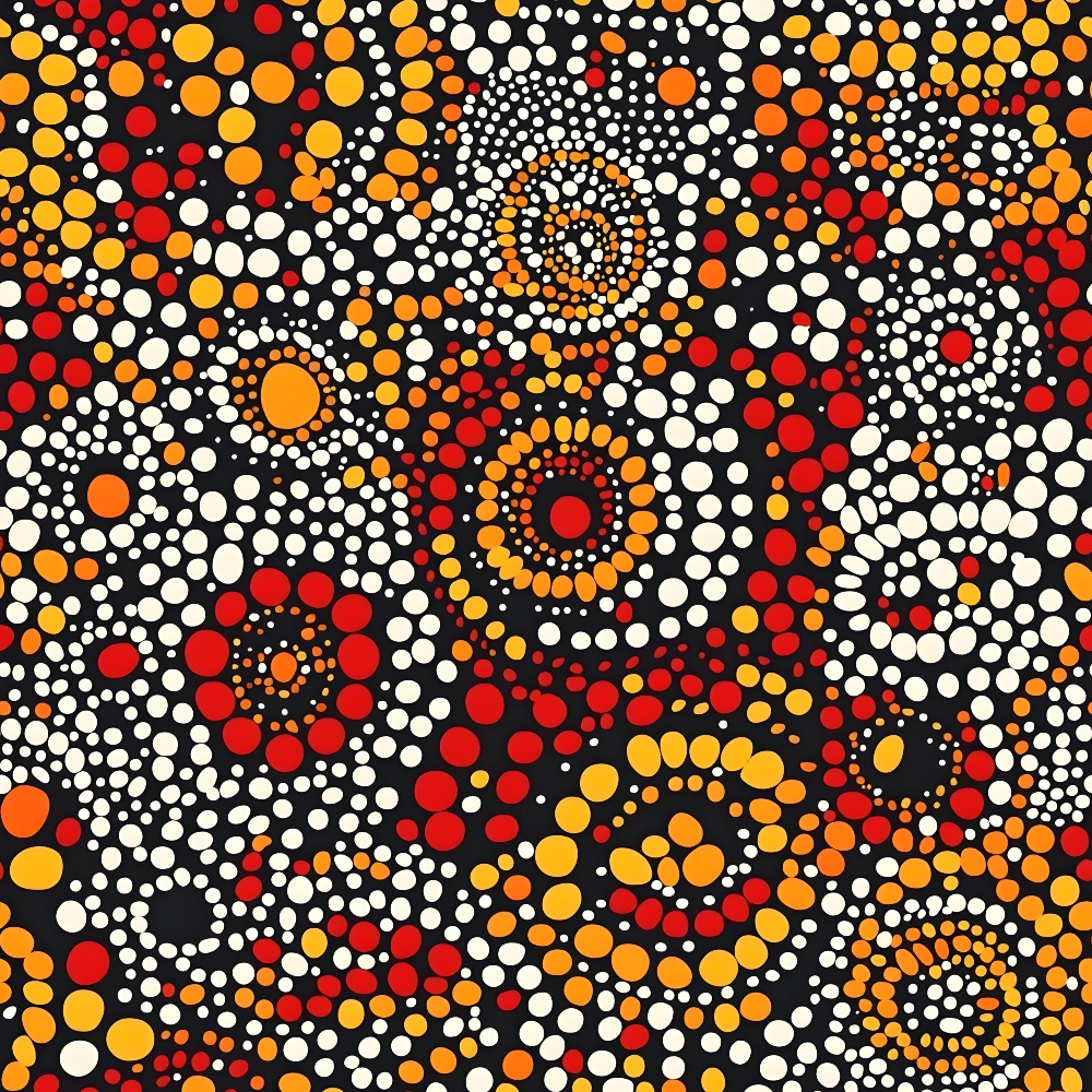 aboriginal art, dot painting, concentric circles, radial patterns, orange, red, white, yellow, black background, indigenous design, pointillism style, geometric motifs, circular formations, warm colors,, fabric panel, tribal art, dotwork technique, spiritual symbols, australian aboriginal