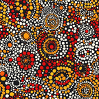aboriginal art, dot painting, concentric circles, radial patterns, orange, red, white, yellow, black background, indigenous design, pointillism style, geometric motifs, circular formations, warm colors,, fabric panel, tribal art, dotwork technique, spiritual symbols, australian aboriginal