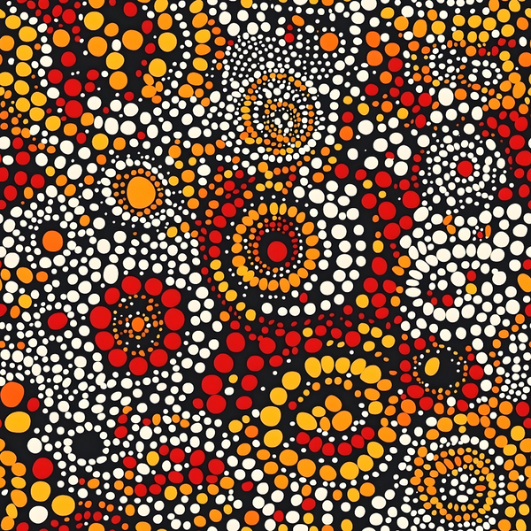 aboriginal art, dot painting, concentric circles, radial patterns, orange, red, white, yellow, black background, indigenous design, pointillism style, geometric motifs, circular formations, warm colors,, fabric panel, tribal art, dotwork technique, spiritual symbols, australian aboriginal