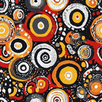 aboriginal art, dot painting, concentric circles, black background, red accents, orange hues, yellow tones, white dots, geometric patterns, indigenous design,, fabric panel, earthy colors, circular motifs, pointillism style, warm palette, cultural artwork, tribal patterns, ochre colors, contemporary aboriginal