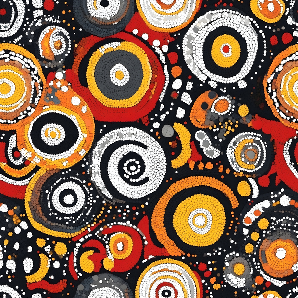 aboriginal art, dot painting, concentric circles, black background, red accents, orange hues, yellow tones, white dots, geometric patterns, indigenous design,, fabric panel, earthy colors, circular motifs, pointillism style, warm palette, cultural artwork, tribal patterns, ochre colors, contemporary aboriginal