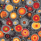 aboriginal art, dot painting, concentric circles, black background, orange circles, red circles, yellow circles, white dots, indigenous design, geometric patterns, spiral motifs, warm colors, earth tones, tribal art, contemporary aboriginal,, fabric panel, dotwork technique, circular motifs, australian indigenous
