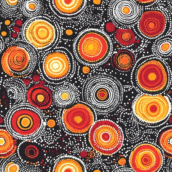 aboriginal art, dot painting, concentric circles, black background, orange circles, red circles, yellow circles, white dots, indigenous design, geometric patterns, spiral motifs, warm colors, earth tones, tribal art, contemporary aboriginal,, fabric panel, dotwork technique, circular motifs, australian indigenous