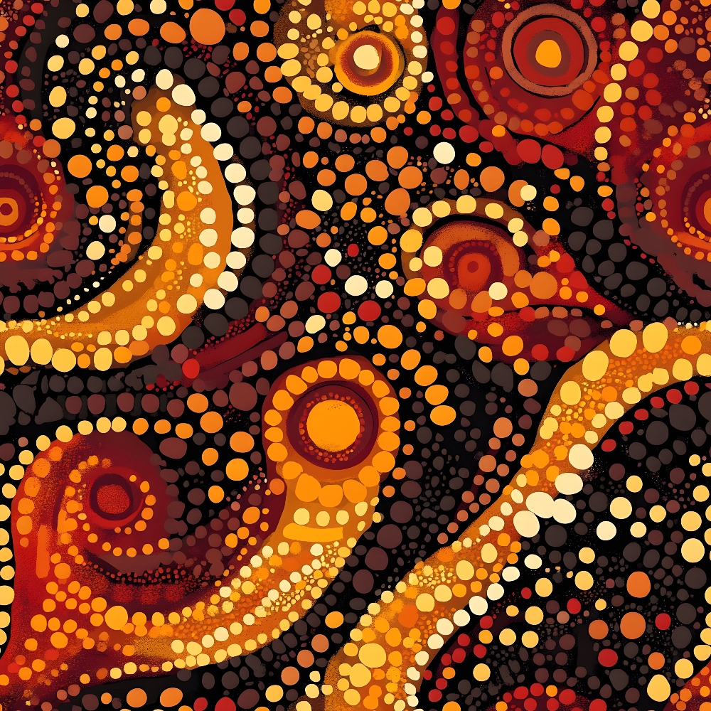 aboriginal art, dot painting, circular motifs, concentric circles, orange, red, yellow, brown, black, cream, warm colors, indigenous pattern, pointillism style, geometric design,, fabric panel, earthy tones, tribal art, dotwork, radiating patterns