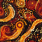 aboriginal art, dot painting, circular motifs, concentric circles, orange, red, yellow, brown, black, cream, warm colors, indigenous pattern, pointillism style, geometric design,, fabric panel, earthy tones, tribal art, dotwork, radiating patterns