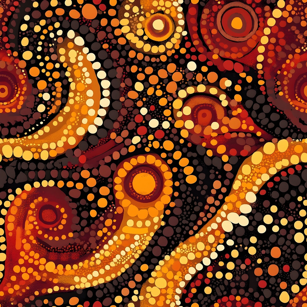aboriginal art, dot painting, circular motifs, concentric circles, orange, red, yellow, brown, black, cream, warm colors, indigenous pattern, pointillism style, geometric design,, fabric panel, earthy tones, tribal art, dotwork, radiating patterns