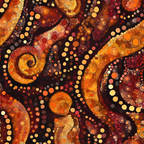 aboriginal art, dot painting, circles, spirals, warm colors, orange, red, yellow, burgundy, brown, cream, geometric patterns, indigenous design, dreamtime motifs, pointillism style, flowing lines, organic shapes,, fabric panel, earth tones