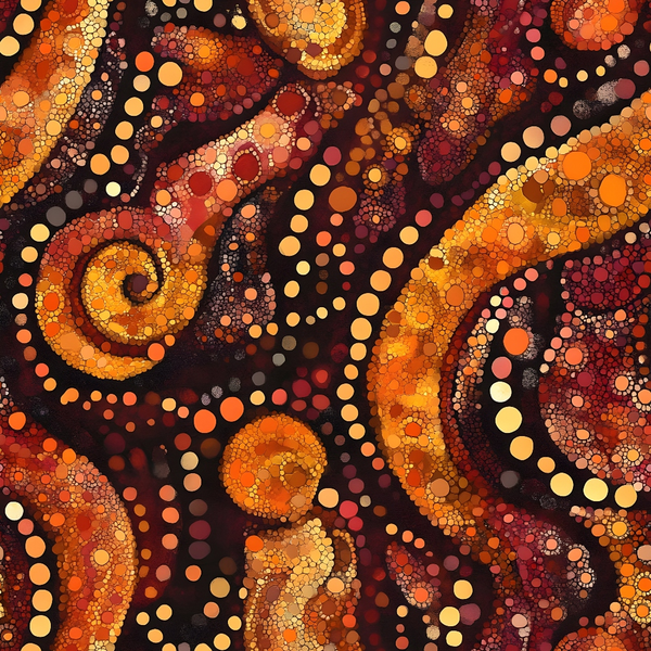 aboriginal art, dot painting, circles, spirals, warm colors, orange, red, yellow, burgundy, brown, cream, geometric patterns, indigenous design, dreamtime motifs, pointillism style, flowing lines, organic shapes,, fabric panel, earth tones
