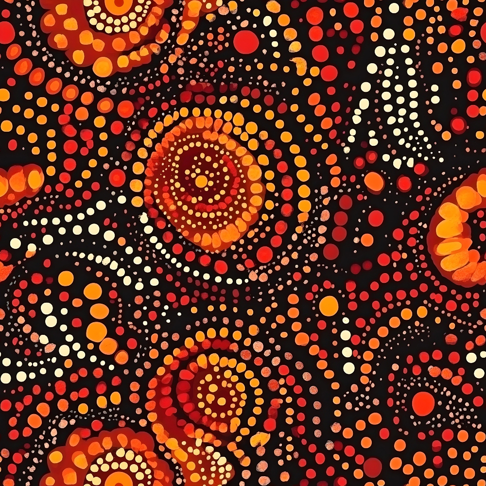 aboriginal art, dot painting, circular patterns, concentric circles, indigenous design, warm colors, red, orange, yellow, white, black background, geometric motifs, cultural art, earth tones, radiating circles, tribal patterns,, fabric panel, contemporary aboriginal, spiritual symbols