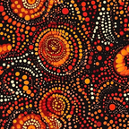 aboriginal art, dot painting, circular patterns, concentric circles, indigenous design, warm colors, red, orange, yellow, white, black background, geometric motifs, cultural art, earth tones, radiating circles, tribal patterns,, fabric panel, contemporary aboriginal, spiritual symbols