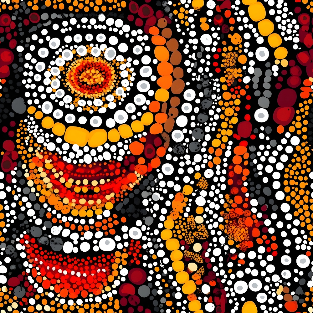 aboriginal art, dot painting, circular patterns, concentric circles, orange, red, white, black, yellow, burgundy, gray, indigenous design, pointillism style, geometric circles, cultural motif, earthy tones, warm colors,, fabric panel, mosaic pattern