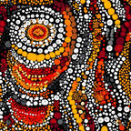 aboriginal art, dot painting, circular patterns, concentric circles, orange, red, white, black, yellow, burgundy, gray, indigenous design, pointillism style, geometric circles, cultural motif, earthy tones, warm colors,, fabric panel, mosaic pattern