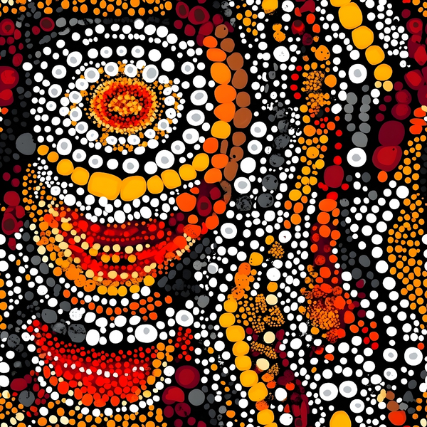 aboriginal art, dot painting, circular patterns, concentric circles, orange, red, white, black, yellow, burgundy, gray, indigenous design, pointillism style, geometric circles, cultural motif, earthy tones, warm colors,, fabric panel, mosaic pattern