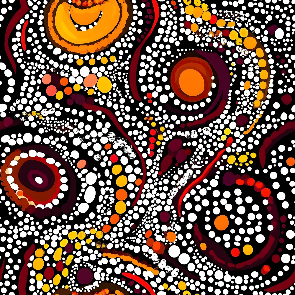 aboriginal art, dot painting, circles, concentric rings, black background, white dots, orange accents, red details, yellow highlights, burgundy elements, flowing lines, indigenous design, pointillism style, geometric patterns, cultural motifs,, fabric panel, contemporary aboriginal, dreamtime inspired, vibrant earth tones