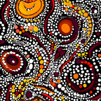 aboriginal art, dot painting, circles, concentric rings, black background, white dots, orange accents, red details, yellow highlights, burgundy elements, flowing lines, indigenous design, pointillism style, geometric patterns, cultural motifs,, fabric panel, contemporary aboriginal, dreamtime inspired, vibrant earth tones