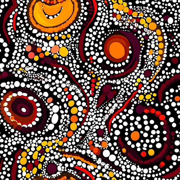 aboriginal art, dot painting, circles, concentric rings, black background, white dots, orange accents, red details, yellow highlights, burgundy elements, flowing lines, indigenous design, pointillism style, geometric patterns, cultural motifs,, fabric panel, contemporary aboriginal, dreamtime inspired, vibrant earth tones