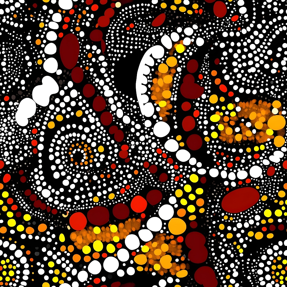 aboriginal art, dot painting, circular patterns, black background, white dots, red circles, yellow accents, orange elements, geometric design, indigenous style,, fabric panel, pointillism technique, concentric circles, flowing patterns, cultural art, vibrant colors, textile design, crafting material