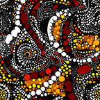 aboriginal art, dot painting, circular patterns, black background, white dots, red circles, yellow accents, orange elements, geometric design, indigenous style,, fabric panel, pointillism technique, concentric circles, flowing patterns, cultural art, vibrant colors, textile design, crafting material