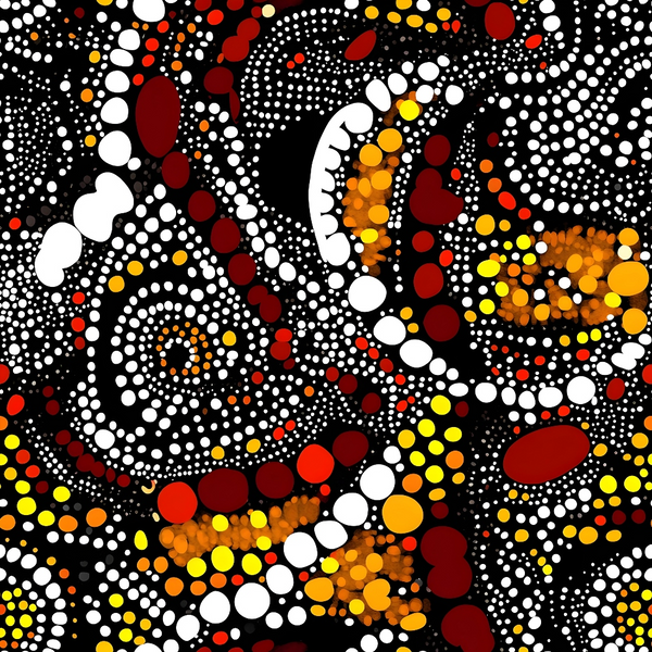 aboriginal art, dot painting, circular patterns, black background, white dots, red circles, yellow accents, orange elements, geometric design, indigenous style,, fabric panel, pointillism technique, concentric circles, flowing patterns, cultural art, vibrant colors, textile design, crafting material