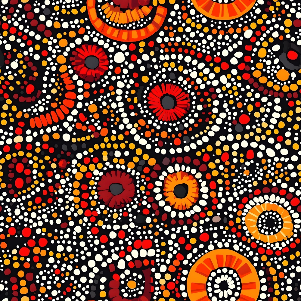 aboriginal art, dot painting, circles, concentric rings, black background, red dots, orange dots, yellow dots, white dots, indigenous style, geometric patterns, radial designs, earth tones, warm colors,, fabric panel, pointillism style, tribal motifs, contemporary aboriginal, dotwork art
