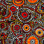 aboriginal art, dot painting, circles, concentric rings, black background, red dots, orange dots, yellow dots, white dots, indigenous style, geometric patterns, radial designs, earth tones, warm colors,, fabric panel, pointillism style, tribal motifs, contemporary aboriginal, dotwork art