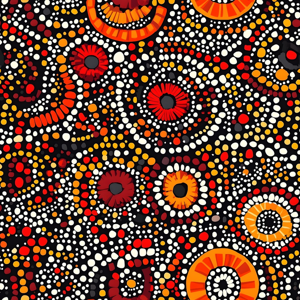 aboriginal art, dot painting, circles, concentric rings, black background, red dots, orange dots, yellow dots, white dots, indigenous style, geometric patterns, radial designs, earth tones, warm colors,, fabric panel, pointillism style, tribal motifs, contemporary aboriginal, dotwork art