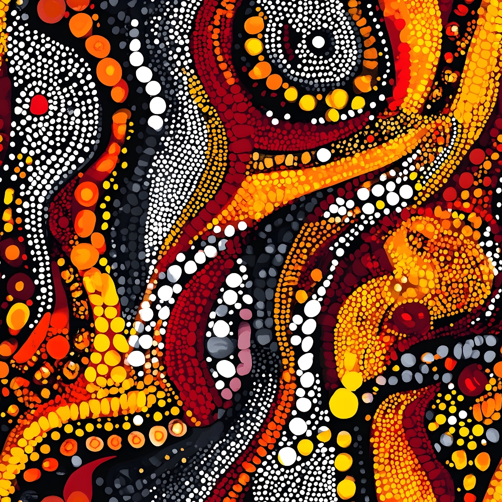 aboriginal art, dot painting, circles, spirals, red, orange, yellow, white, black, gray, indigenous patterns, dreamtime, flowing curves, vibrant colors,, fabric panel, australian art style, concentric circles, warm palette, cultural motifs