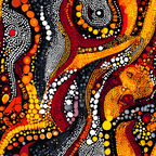 aboriginal art, dot painting, circles, spirals, red, orange, yellow, white, black, gray, indigenous patterns, dreamtime, flowing curves, vibrant colors,, fabric panel, australian art style, concentric circles, warm palette, cultural motifs