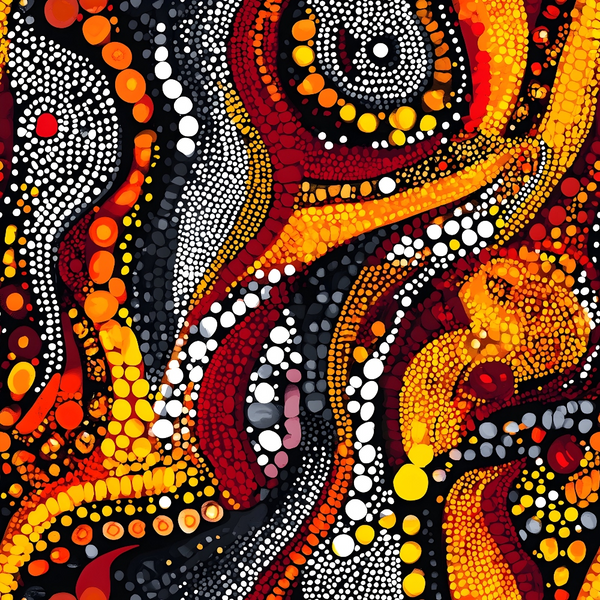 aboriginal art, dot painting, circles, spirals, red, orange, yellow, white, black, gray, indigenous patterns, dreamtime, flowing curves, vibrant colors,, fabric panel, australian art style, concentric circles, warm palette, cultural motifs